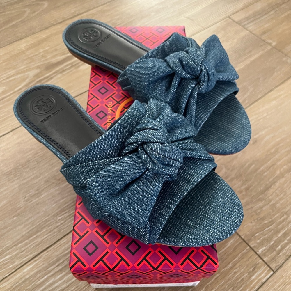 Tori Burch Denim Blue Women's Bow Slide Sandals